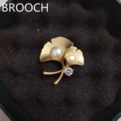 Spilla Foglia Di Ginkgo Lega Oro Spazzolato Elegante Perla Artificial Sintetica Zircone Ago Per Donne Accessorio Di Abbigliamento Vintage