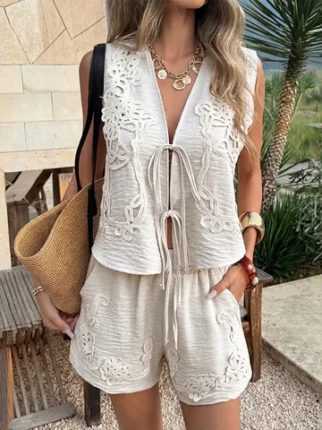 Women Sleeveless Lace Embroidery Tie Front Vest Waistcoat And Shorts Resort Vacation Boho Casual Polyester
