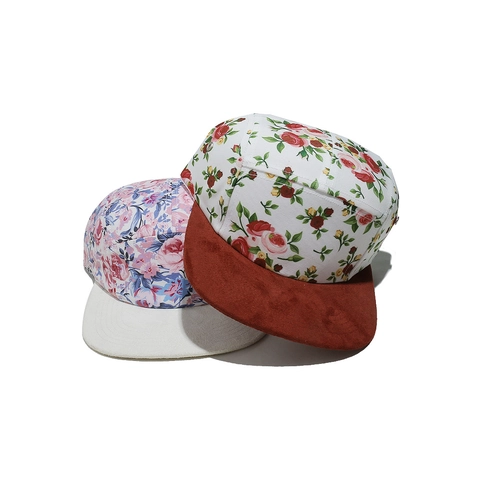 5-Panel Camp Cap Bloemenprint Polyester Canvas Contrast Suede Platte Rand Hip Hop Streetwear Verstelbare Hoed