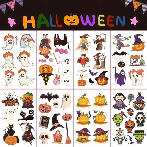 Halloween Temporäre Tattoo Aufkleber Cartoon Kürbis Skelett Hexe Geist Wasserdicht Gesicht Körper Aufkleber Für Kinder