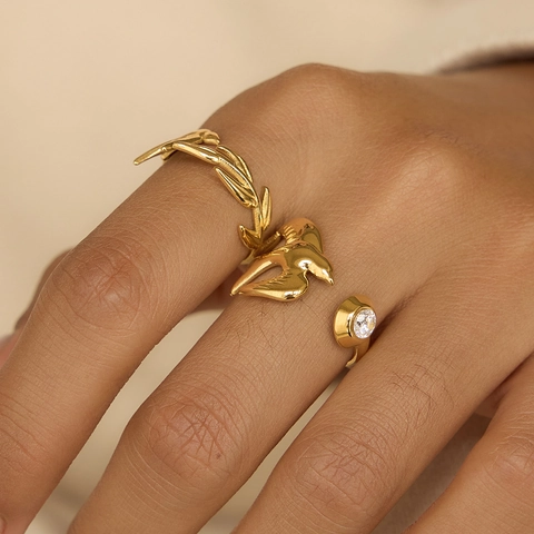 Anello Aperto in Acciaio Inossidabile con Uccello Vintage per Donna Placcato in Oro 18K Strass Intarsiato Regolabile Foglia di Rondine Gioielli