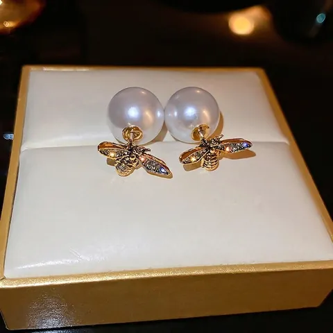 Orecchini Ape Perla Artificial Lega Strass Gioielli Moda Per Donna Con Perno In Argento Doppia Faccia