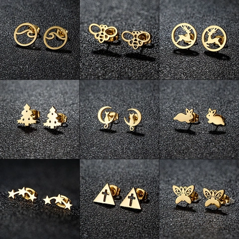 Hollow Out Butterfly Moon Cat Stud Earrings Stainless Steel 18K Gold Plated Minimalist Animal Jewelry For Women Fashion