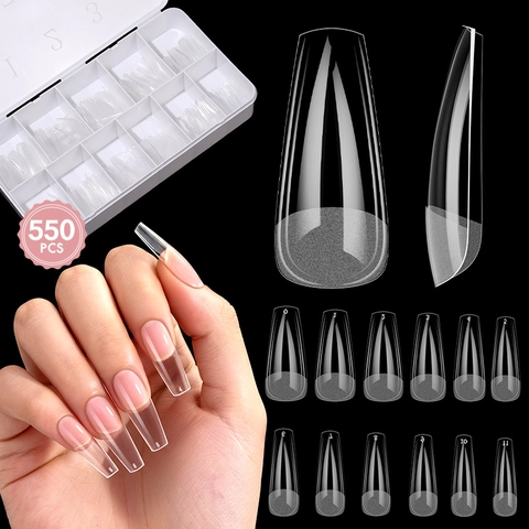 Puntas De Uñas Falsas Ataúd Largo Transparente Mate Cobertura Completa Extensión De Manicura Artificial