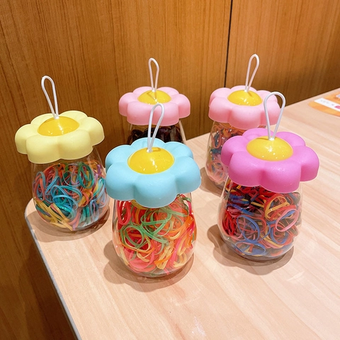 Kids Colorful Elastic Hair Ties Set Cute Cat Paw Flower Storage Jar Portable Rubber Bands For Girls Hair Accessories