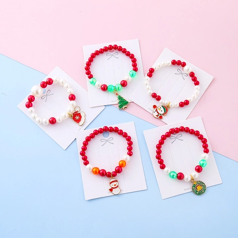 Kids Christmas Beaded Bracelet Snowman Tree Enamel Charm Bracelet Imitation Artificial Pearl Festive Party Jewelry Gift For Girls