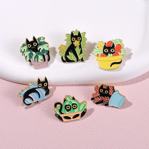 Cartoon Black Cat Potted Plant Enamel Brooches Alloy Pin Badges Cute Novelty Aesthetic Clothing Backpack Decor For Men Women