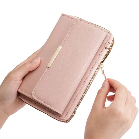 Sac Bandoulière Pour Téléphone Portable Femme Long Portefeuille En Cuir PU Double Fermeture Éclair Grande Capacité