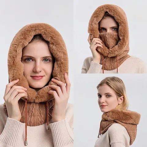 Winter Balaclava Integrated Hat Scarf Knit Polyester Faux Fur Lining Adjustable Drawstring Windproof Warm Outdoor Skiing