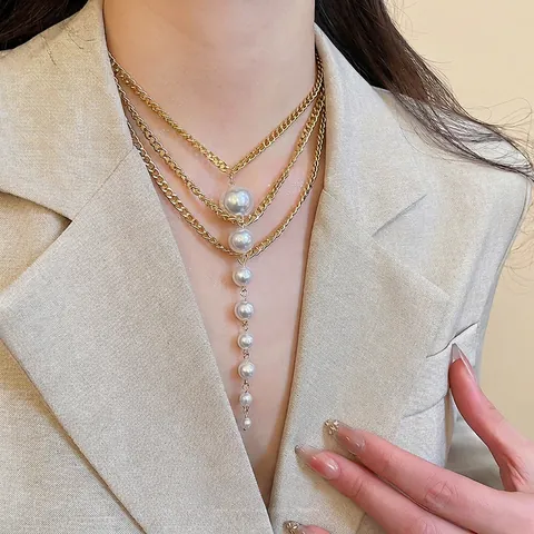 Mehrlagige Künstliche Perlenhalskette Aluminium Legierung Y-Form Lariat Tropfen Imitationsperlen Vintage Elegante Schmuck Frauen
