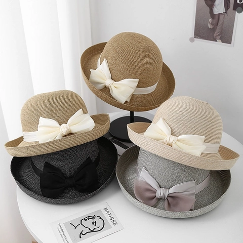 French Elegant Women Straw Woven Sun Hat With Large Satin Bow Rolled Edge Foldable Breathable Summer Beach Bucket Hat Fedora