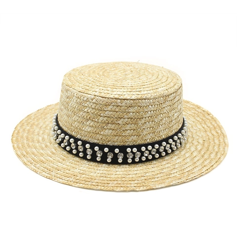 Cappello Boater Donna Paglia Naturale Tesa Larga Protezione Solare Perla Artificial Rhinestone Nastro Elegante Estate Spiaggia