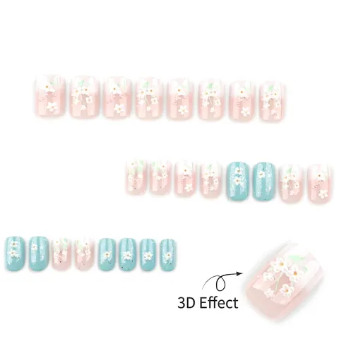 3D Bloem Press On Nails Witte Gradiënt Lichtblauw Glitter Vierkant Medium Lang Kunstnagels Voor Dames Elegante Frisse Stijl