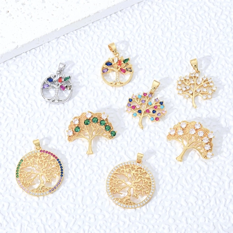 Collier Pendentif Arbre De Vie En Cuivre Plaqué Or Avec Zircone Colorée Bijoux Mode Style Ins Pour Femmes