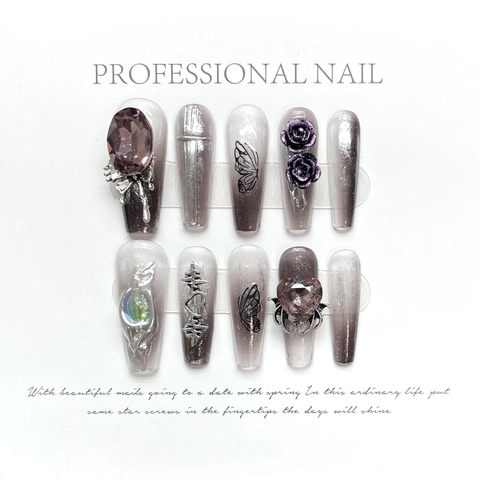 Faux Ongles Faits Main Dark Gothic Papillon Gemmes Violettes Rose 3D Dégradé Gris Style Y2K