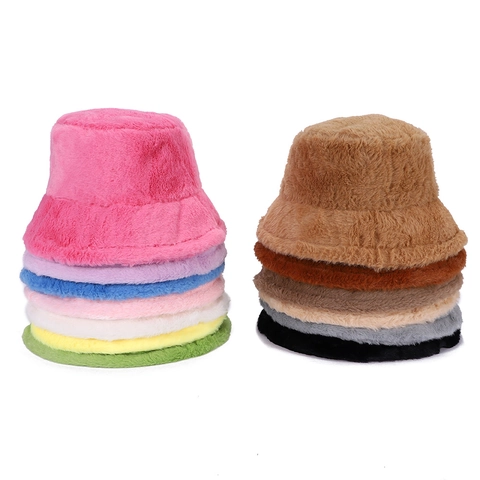 Damen Fischerhut Aus Kunstpelz Warm Winter Plüsch Solid Farbe Winddicht Faltbar Verstellbar Weich
