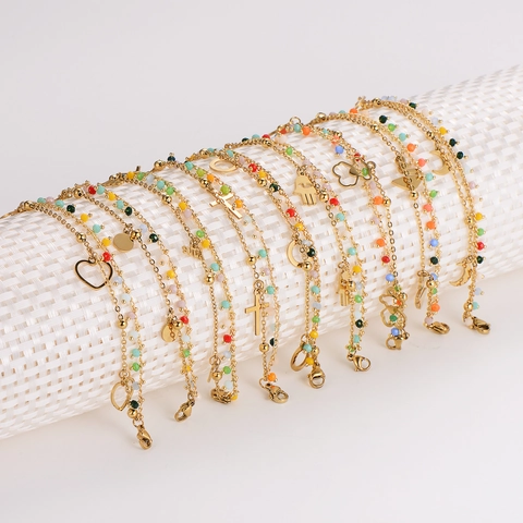 Double Layer Bracelet 304 Stainless Steel 18K Gold Plated Colorful Beads Heart Moon Hamsa Hand Charm Bohemian Jewelry For Women