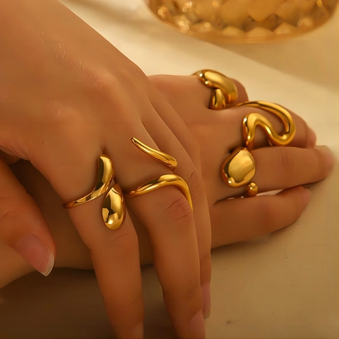 Irregular Liquid Metal Rings Women 18K Gold Plated Stainless Steel Adjustable Open Band Minimalist Abstract Jewelry Chic