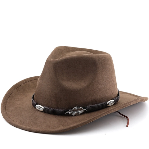 Cappello Da Cowboy Western Scamosciato Tesa Larga Vintage Fedora Con Foglia Di Metallo E Banda Intrecciata Stile Jazz