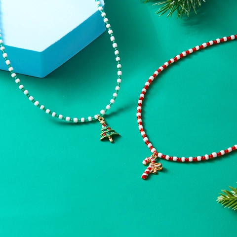 Handmade Christmas Beaded Necklace Women Seed Beads Alloy Enamel Santa Claus Christmas Tree Pendant Holiday Jewelry