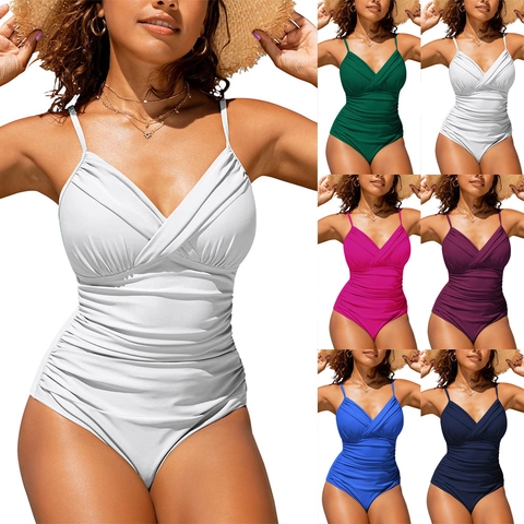 Ruched One Piece Swimsuit For Women V Neck Tummy Control Spaghetti Strap Nylon Spandex Beach Bathing Suit Sexy Backless Solid Color