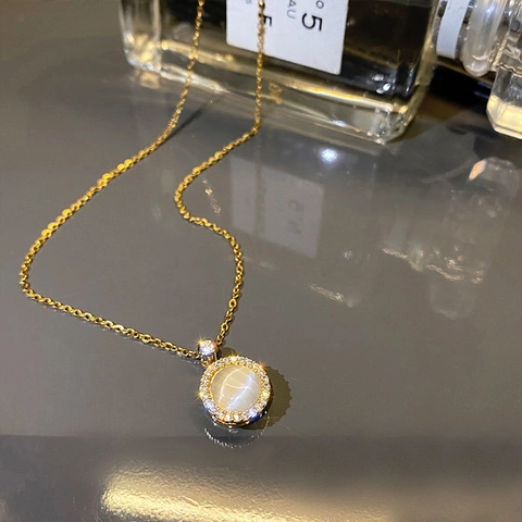 Collana Con Pendente Rotante In Acciaio Al Titanio Pietra Occhio Di Gatto Micro Pavé Zircone Gioielli Da Donna