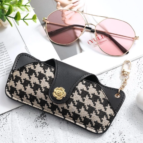 Funda Portátil Para Gafas Cuero PU Tela Pata De Gallo Gancho Bolsa Protectora Para Gafas De Sol Moda Retro