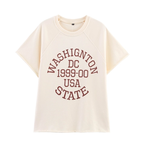Top E Pantaloncini Da Donna Cotone Poliestere Maglia Stampa Lettere Vintage Manica Corta Coulisse Orlo Grezzo Streetwear