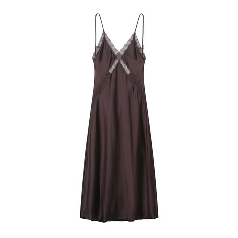 Women's Satin Lace Patchwork Spaghetti Strap Maxi Dress Sexy Deep V-Neck Slim Fit Solid Color Sleeveless Long Nightdress
