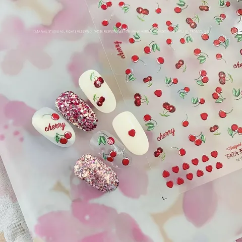 Autocollants Nail Art En Relief Motif Pêche Cerise Fruit Décoration Manucure DIY Auto-Adhésive Pour Femmes Filles