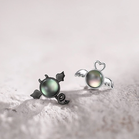 Engel Und Teufel Asymmetrische Ohrstecker Mit Silver Earring Post Muschel Inlaid Flügel Herz Gothic Stil Für Damen