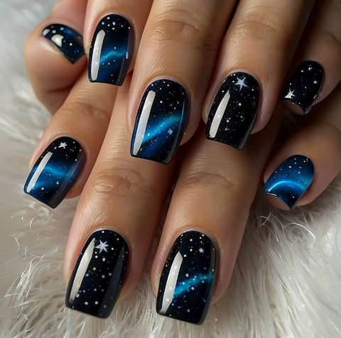 Starry Sky Galaxy Press On Nails Blue Gradient Glossy Square Artificial Nails For Women Manicure Art Decor
