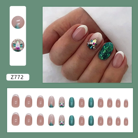 Französisch Press On Nails Smaragdgrün Strass Dekor Oval Luxus Elegant Tragbare Künstliche Nägel Frauen