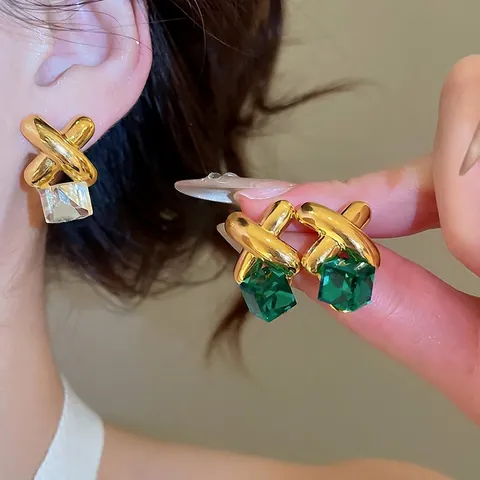 Geometric Cube Stud Earrings Crystal Cross X Design Retro Luxury Jewelry For Women With 925 Sterling Silver Earring Post
