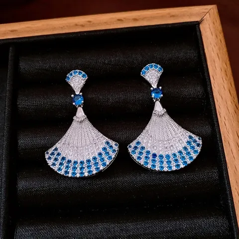 Orecchini Pendenti A Forma Di Ventaglio Con Perno In Argento Sterling 925 Zircone Blu Bianco Rame Gioielli Retro Per Donna