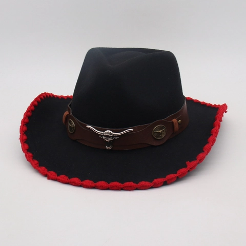 Chapeau De Cow-Boy Western Coton Polyester Feutre Fedora Avec Bande En Cuir Et Tête De Taureau Métal Style Rétro