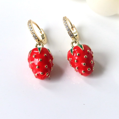 Lindos Pendientes de Aro de Cobre con Fruta Fresa Cereza y Diamantes de Imitación para Mujer Accesorios de Joyería de Moda