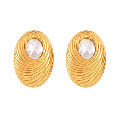 Orecchini a Bottone Ovali in Acciaio al Titanio Vintage per Donna Placcato Oro 18K PVD Texture a Spirale Pietra di Vetro