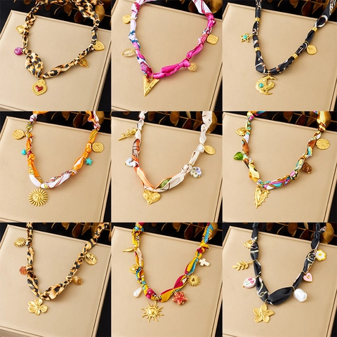 Bohemian Satin Scarf Necklace With 304 Stainless Steel Gold Plated Heart Sun Pendant Leopard Floral Pattern For Women Chic