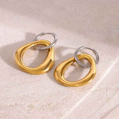 Boucles D'oreilles Géométriques Minimalistes Acier Inoxydable Bicolore Or Argent Irrégulier Organique Créoles Moderne Hypoallergénique