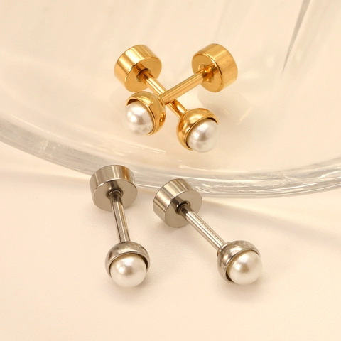 Minimalist Artificial Pearl Stud Earrings Stainless Steel 18K Gold Plated Screw Back Twist Anti-Allergic Fashion Jewelry For Women