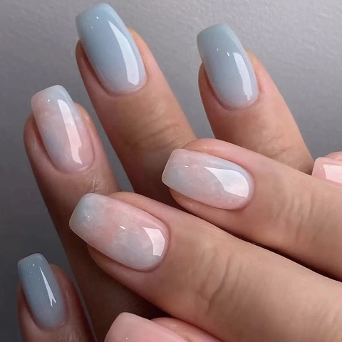 Kurze Coffin Press On Nägel Pink Blau Marmor Verlauf Gletscher Jelly Glänzende Künstliche Fingernägel Für Damen