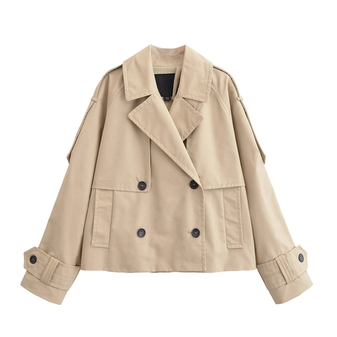 Damen Kurzer Trenchcoat Polyester Zweireihig Revers Langarm Epauletten Verstelbare Bündchen Elegant Lässige Oberbekleidung