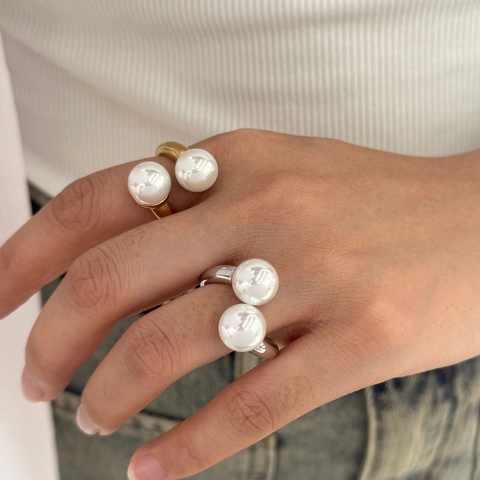 Verstelbare Ring Met Dubbele Kunstparels 316L Roestvrij Staal PVD Verguld Open Minimalistische Sieraden Voor Dames Waterdicht