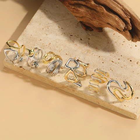Minimalist Two-Tone Adjustable Open Rings Gold Silver Plated Copper Geometric Abstract French Vintage Jewelry For Women