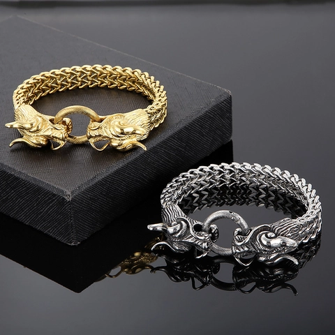 Bracciale da Uomo Hip Hop in Acciaio al Titanio con Testa di Drago Placcato in Oro 18K Motivo Intagliato Catena Retrò Gioielli