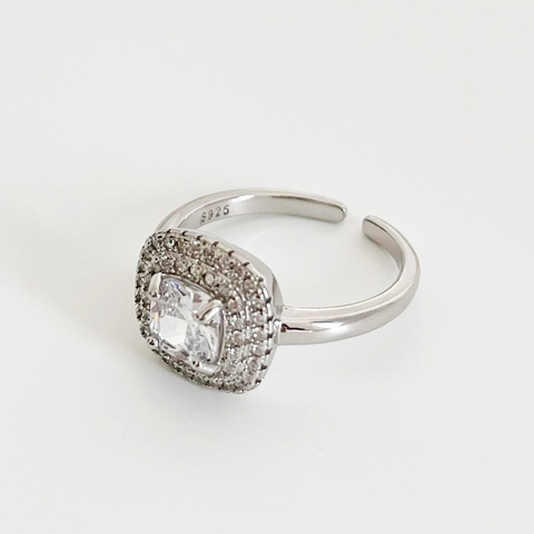 925 Sterling Silber Ring Platinierte Quadratische Kissenform Zirkonia Doppelter Halo Eleganter Luxus Brillant Offenes Verstellbares Band