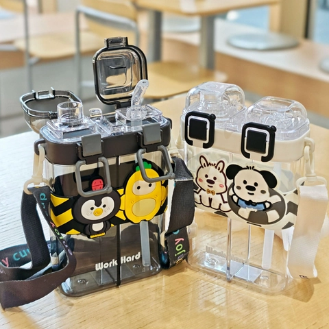 Cartoon Square Plastic Water Bottle Dual Compartment Drinking Cup With Straw And Adjustable Shoulder Strap For Kids