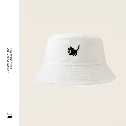 Cotton Wende Fischerhut Katzenstickerei Cartoon Druck Sonnenschutz Lässige Streetwear Anglerhut Unisex
