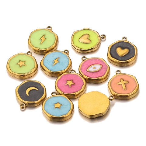 Stainless Steel Colorful Enamel Charms For DIY Jewelry Making Gold Plated Heart Star Moon Lightning Cross Evil Eye Pendants
